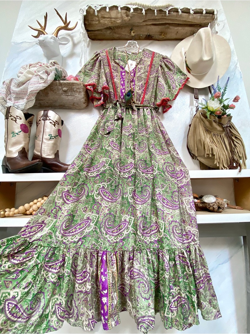 Purple green SILK Paisley Boho copper accents Dress Gypsy southwestern vibe